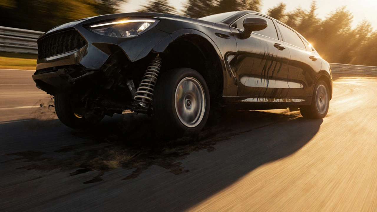 Car leaning sharply during a turn with one corner sagging and fluid leaking from strut.