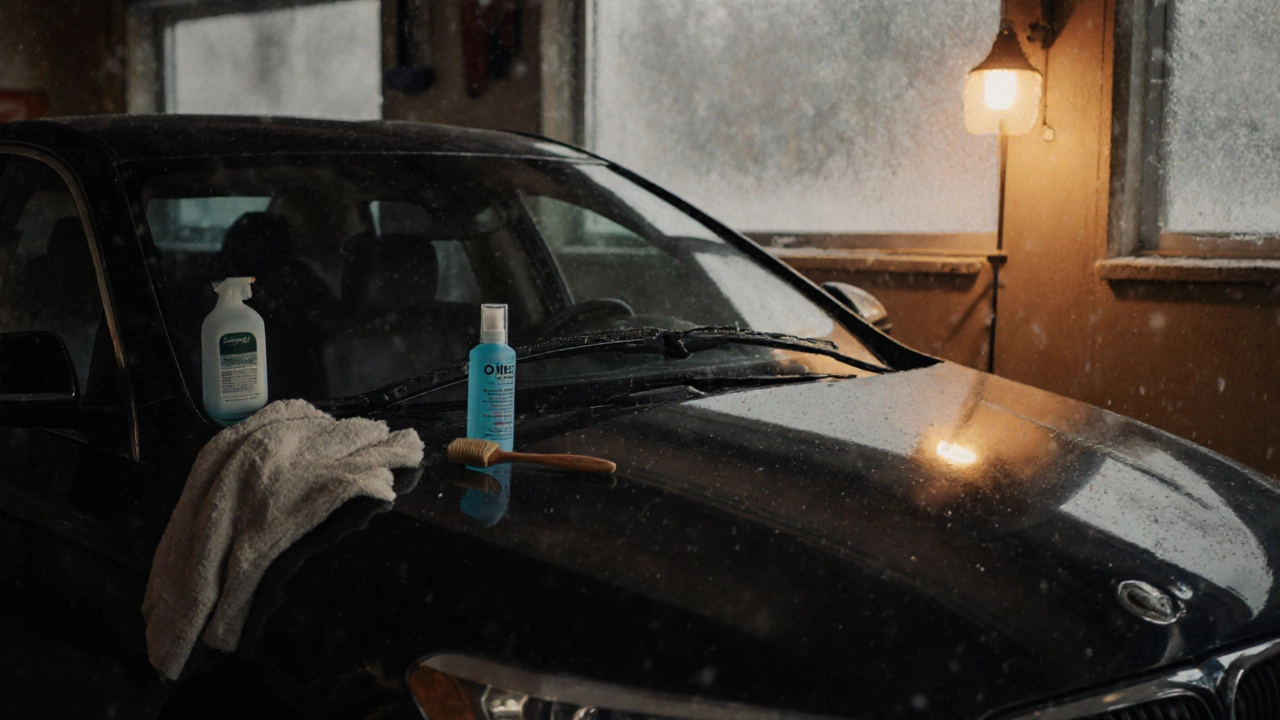 Car with lifted wiper arms in a garage, silicone spray nearby.