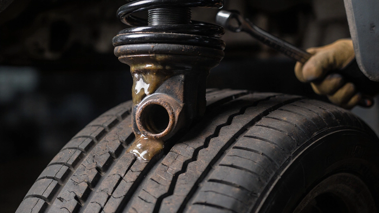 Close-up of a leaking strut with cupped tire tread showing signs of suspension failure.