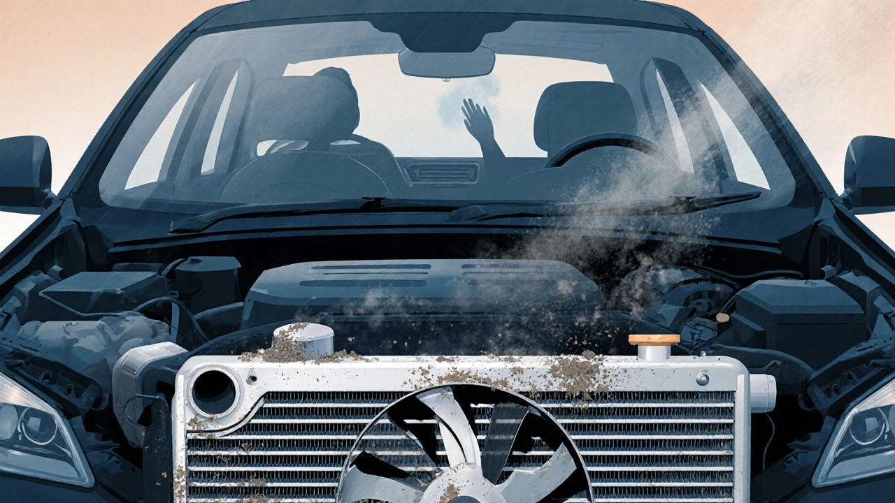Cross‑section of a car front with dirty radiator fins, a strained fan, and interior air appearing lukewarm.