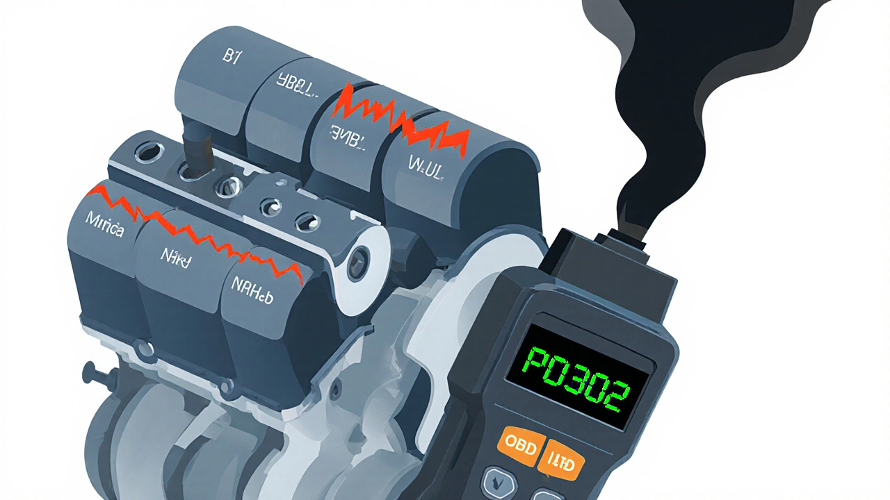 Cutaway engine diagram showing a misfire and an OBD‑II scanner code.