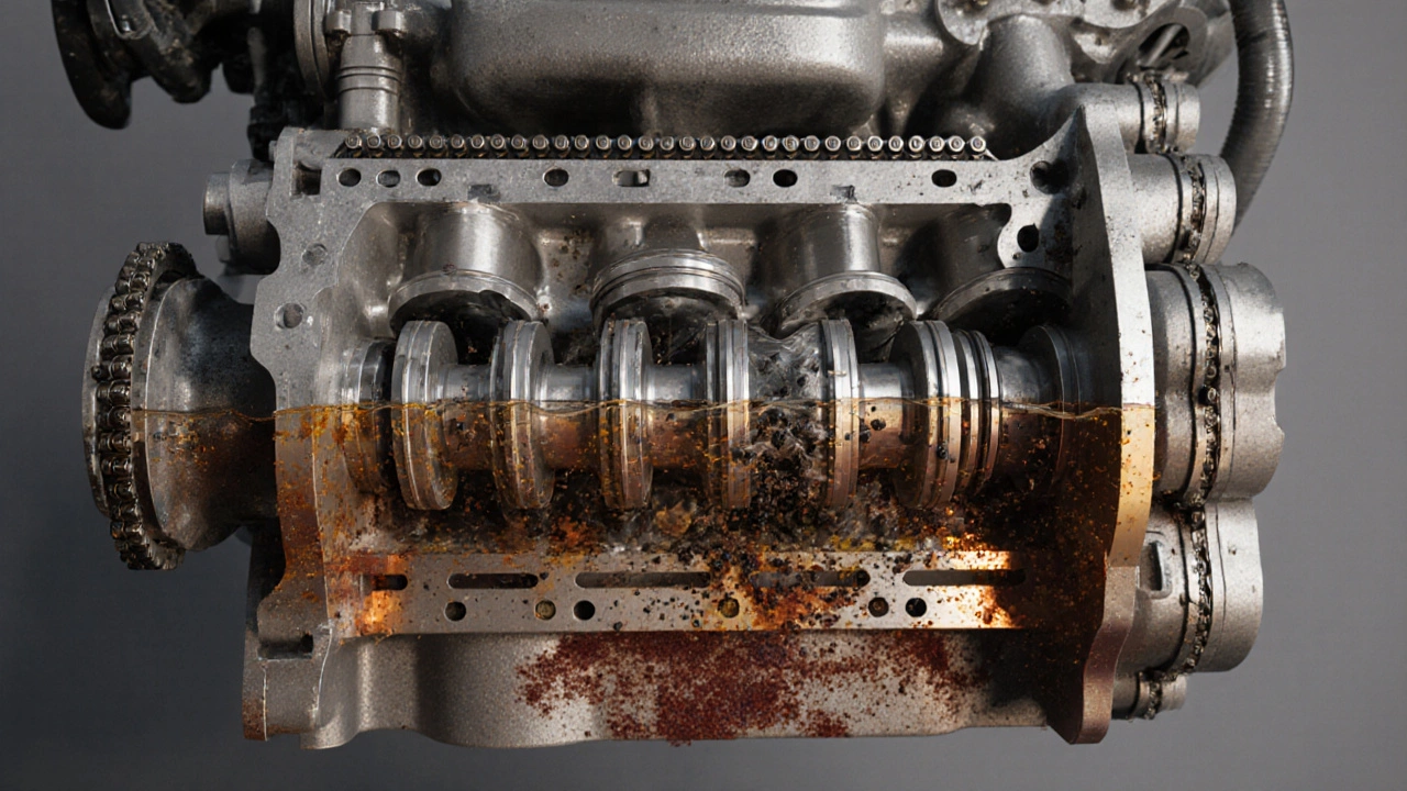 Cutaway engine showing thin oil film, metal parts rubbing, and dark contaminants.