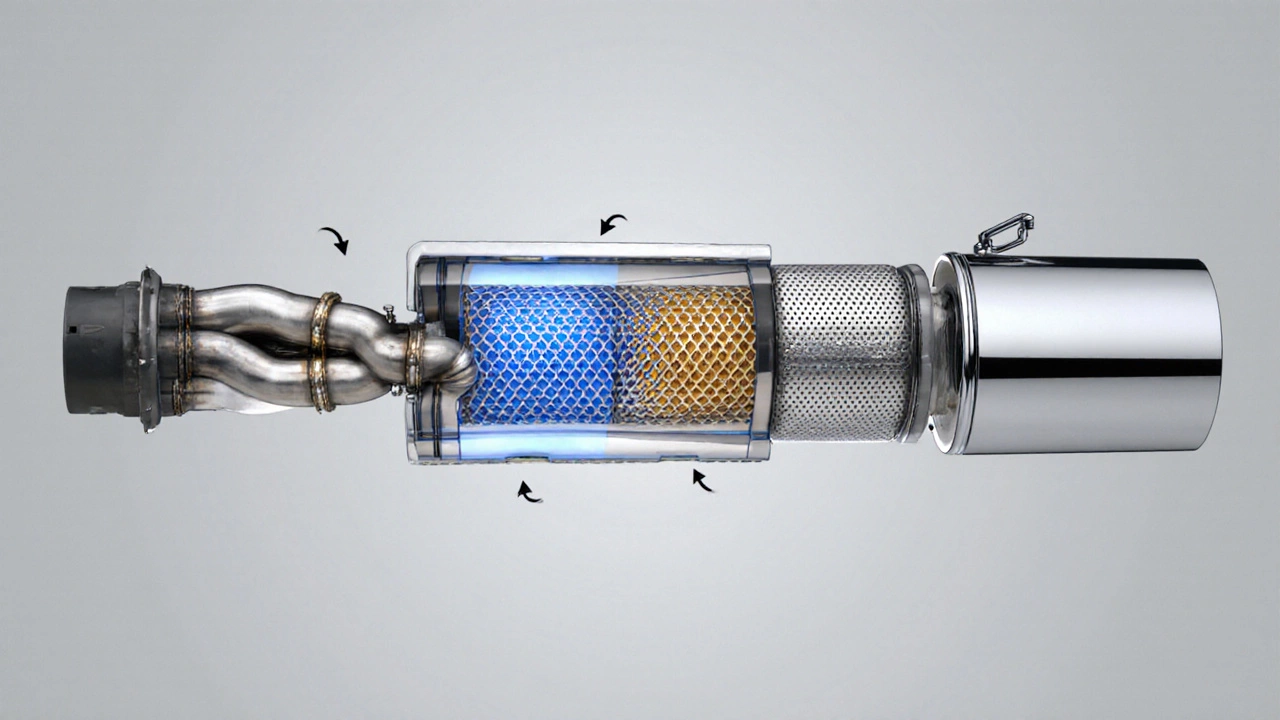 Cutaway view of an exhaust system showing manifold, catalytic converter, resonator, muffler, and tailpipe.