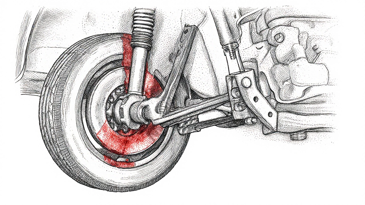 Cutaway view showing worn suspension parts stressing engine mounts.