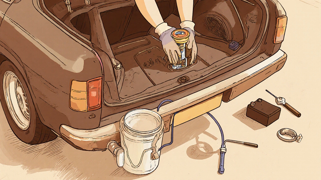 DIY mechanic removing rear seat and installing new fuel pump with tools.