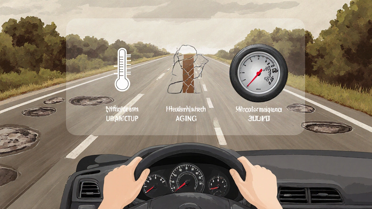 Driver on a road with visual overlay of tire care factors like pressure, alignment, and driving style.
