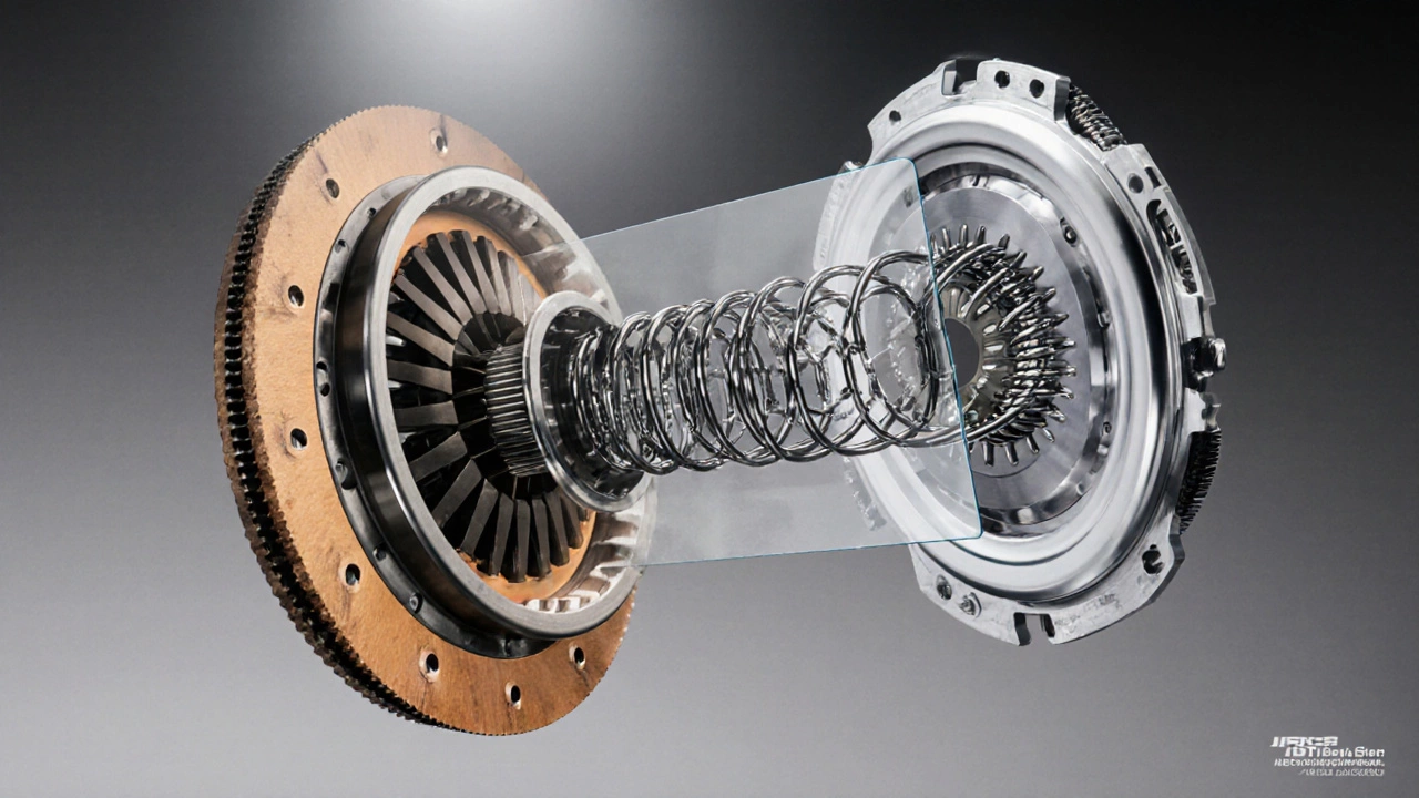 Exploded illustration of clutch disc and pressure plate with springs and bolt pattern.