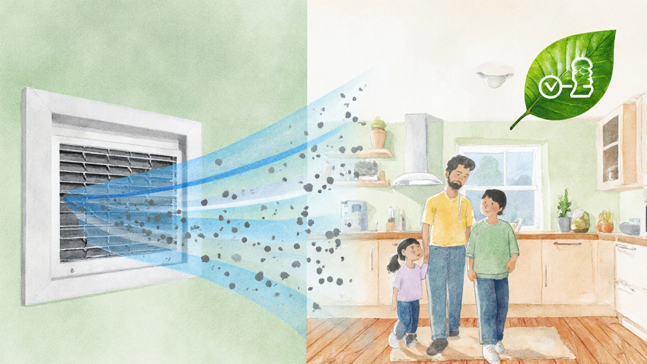 Family enjoying clean air in a kitchen, with a visual of airflow and low energy use.