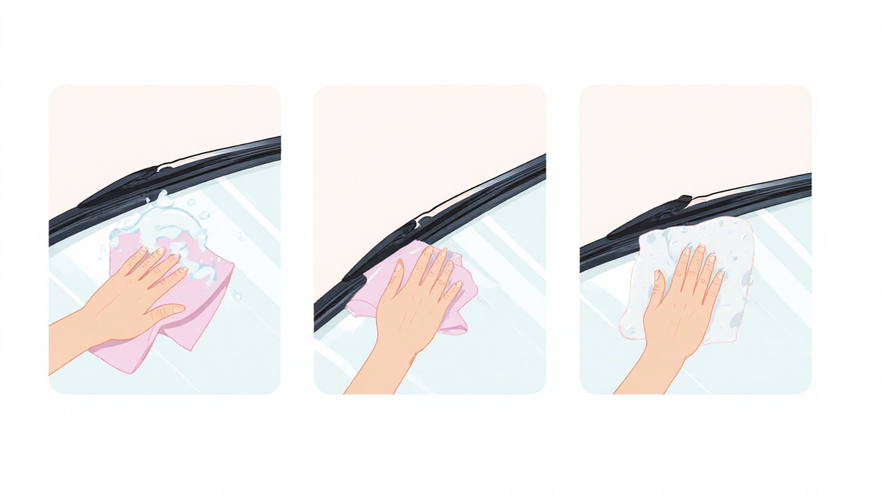 Hand lifting a wiper blade and cleaning it with a microfiber cloth.