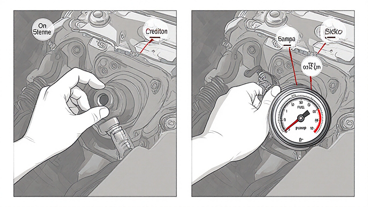 Hand turning ignition and mechanic attaching fuel pressure gauge showing reading.