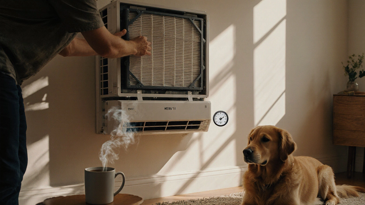Homeowner installing a MERV 11 filter in an HVAC unit with a dog nearby.