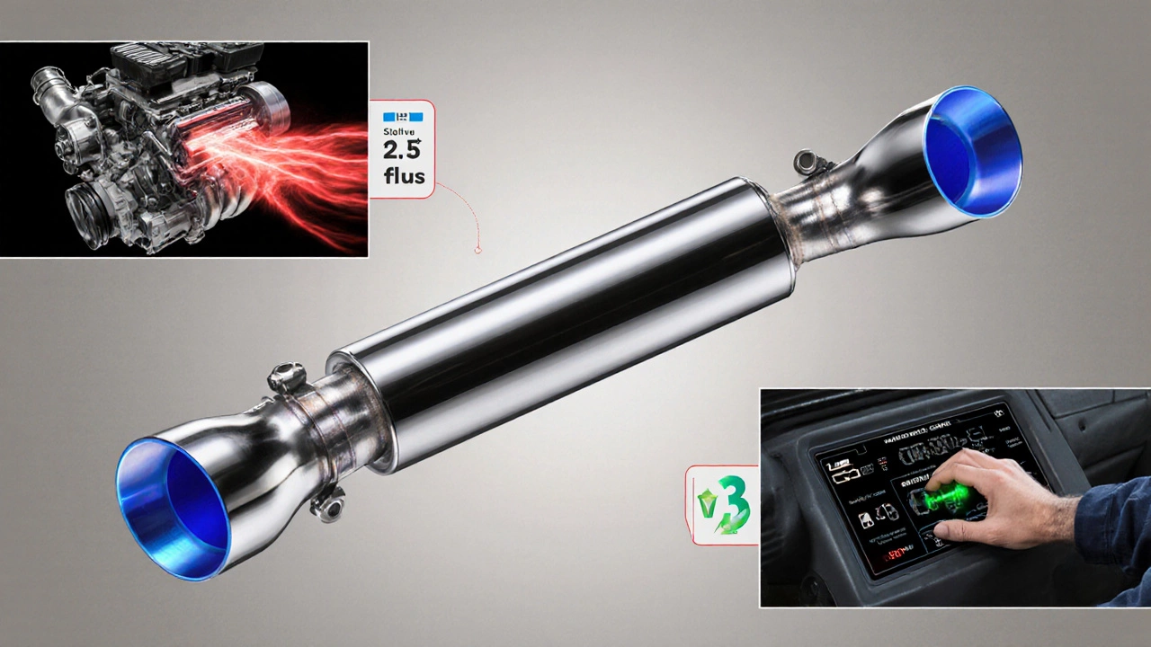 Illustration of a 2‑into‑1 pipe surrounded by engine, pipe diameter, catalytic converter, and tuning cutaways.
