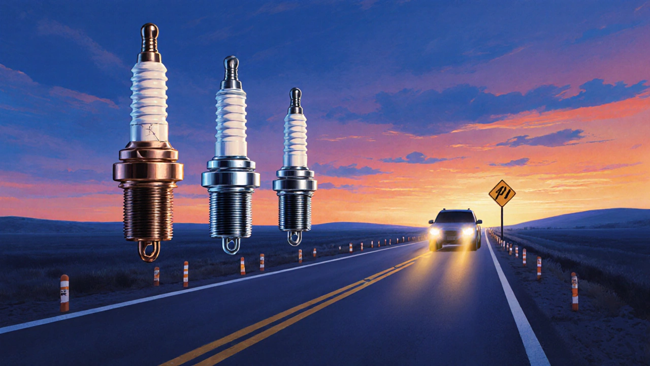 Illustration of a road with three spark plug milestones representing lifespan.