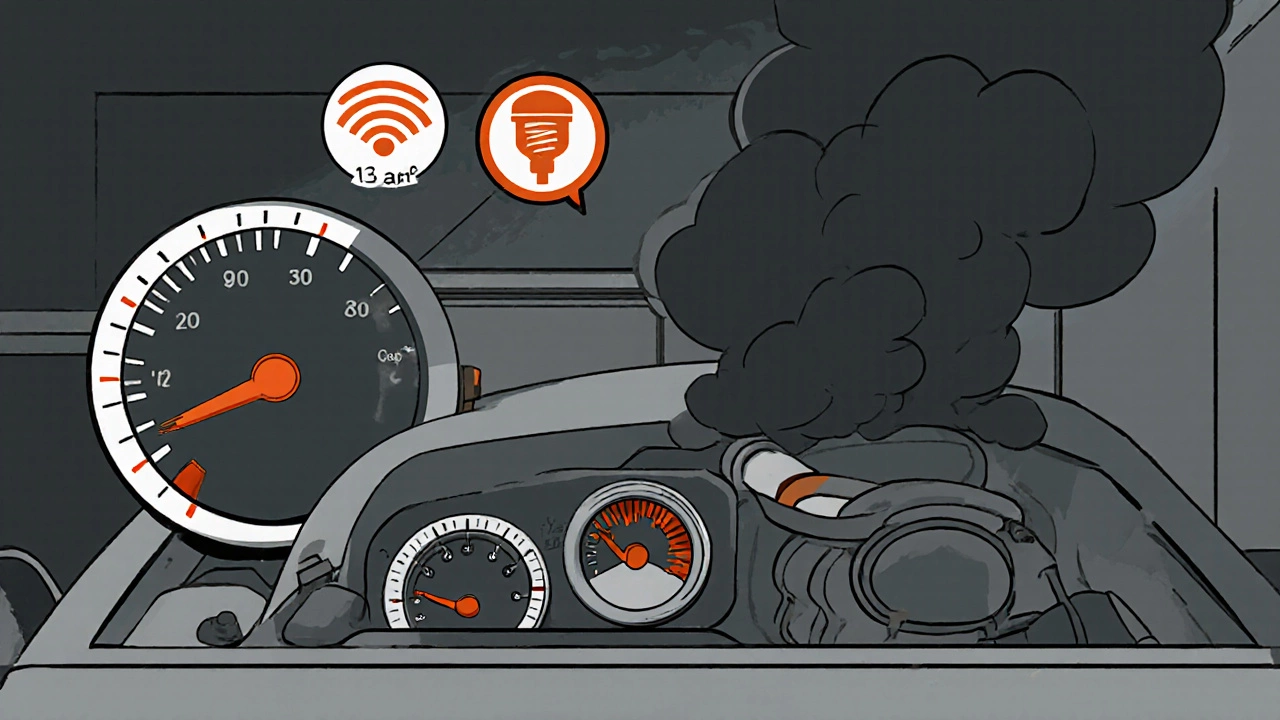 Illustration of speedometer, fuel gauge, trembling engine, whistling intake swirl, and thick exhaust smoke.