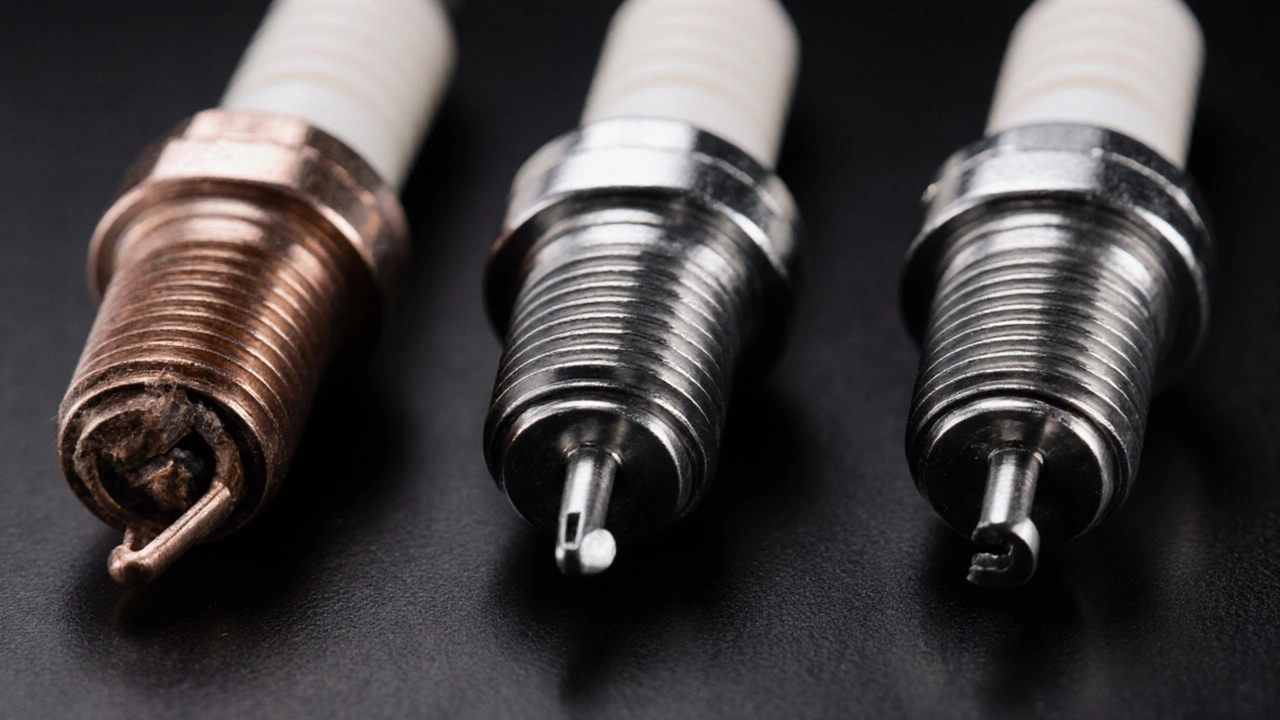Macro view of copper, platinum, and iridium spark plugs showing electrode differences.