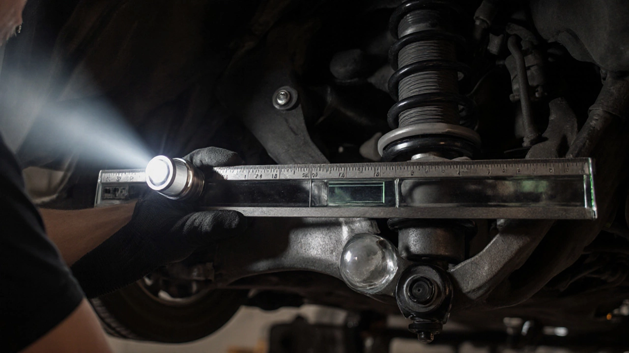 Mechanic checking a lower control arm with a straightedge and level under a car.