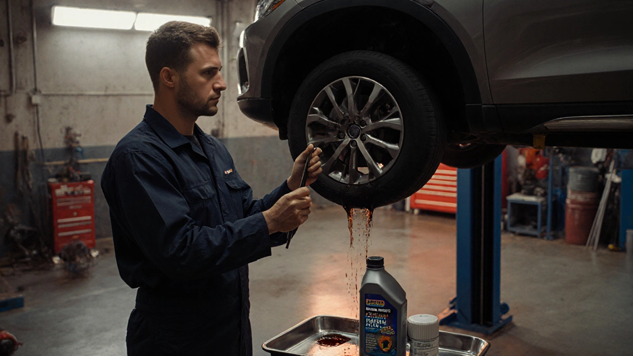 Mechanic checking dark oil on dipstick beside fresh oil bottle and filter.