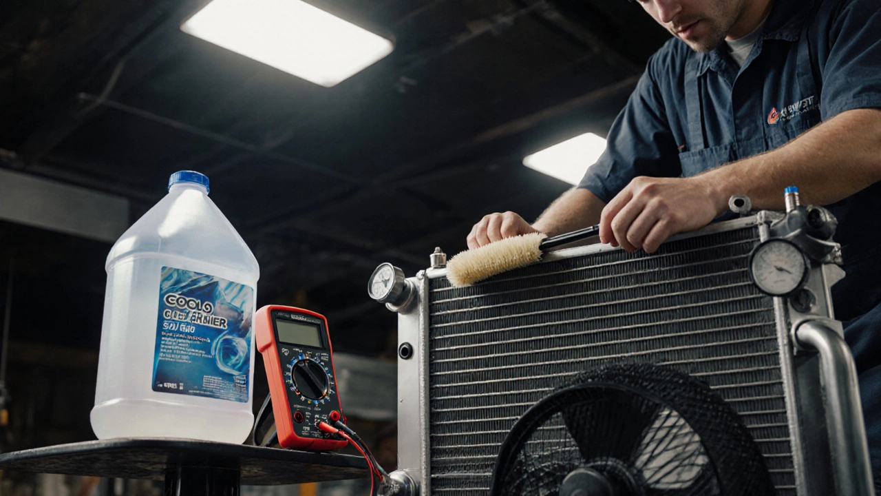 Mechanic cleaning radiator and condenser fins, checking fan connection, and inspecting coolant in a garage.