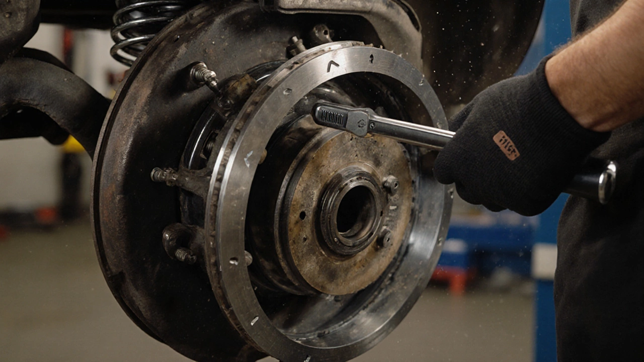 Mechanic installing clutch disc and pressure plate with torque wrench.