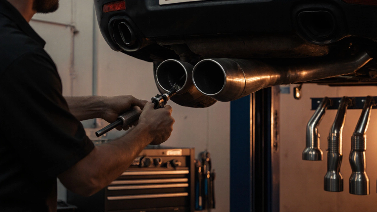 Mechanic tightening a stainless‑steel cat‑back exhaust in a dimly lit garage.