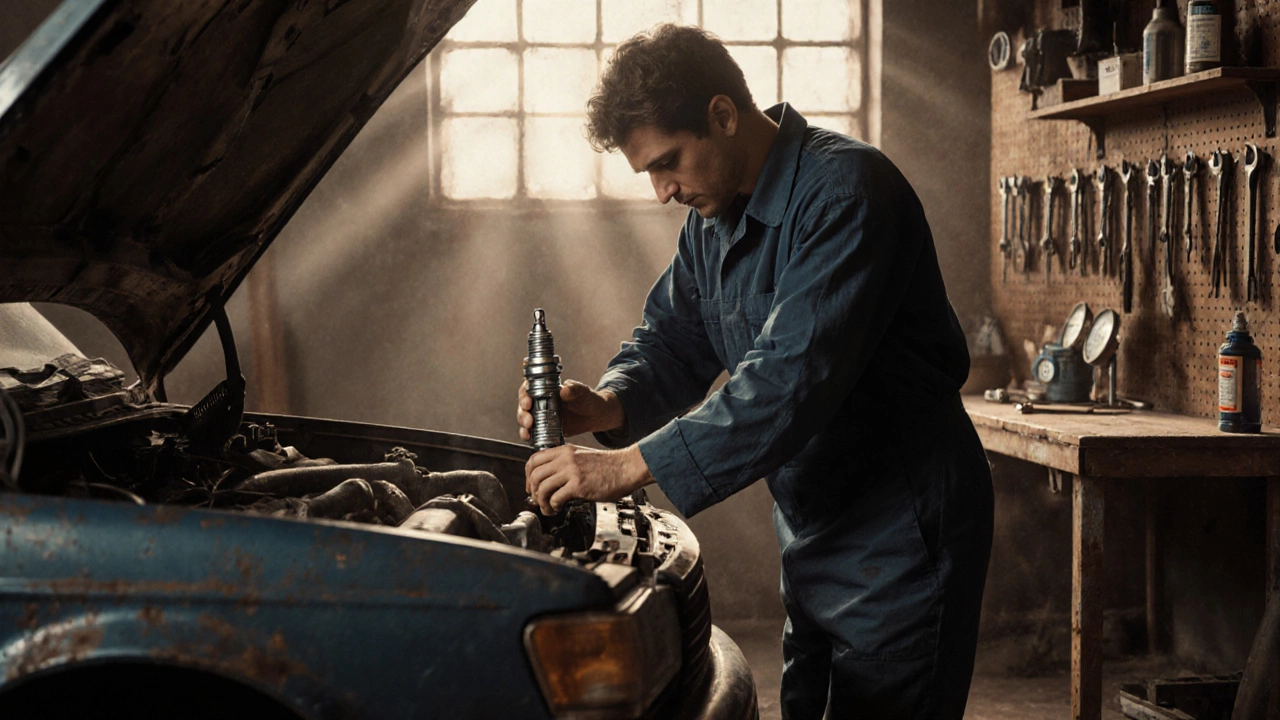 Oil‑painted workshop with a mechanic installing a new spark plug.