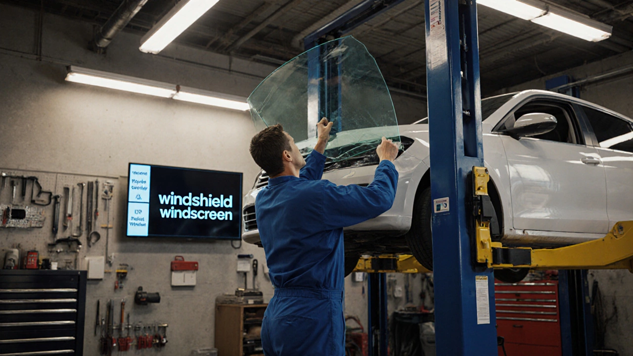 Repair shop scene with a technician installing a windshield on a sedan.