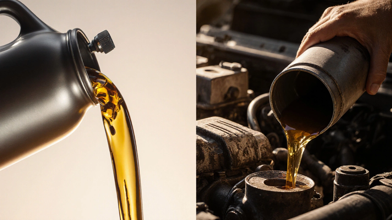 Split illustration contrasting bright synthetic oil with darker conventional oil in engines.
