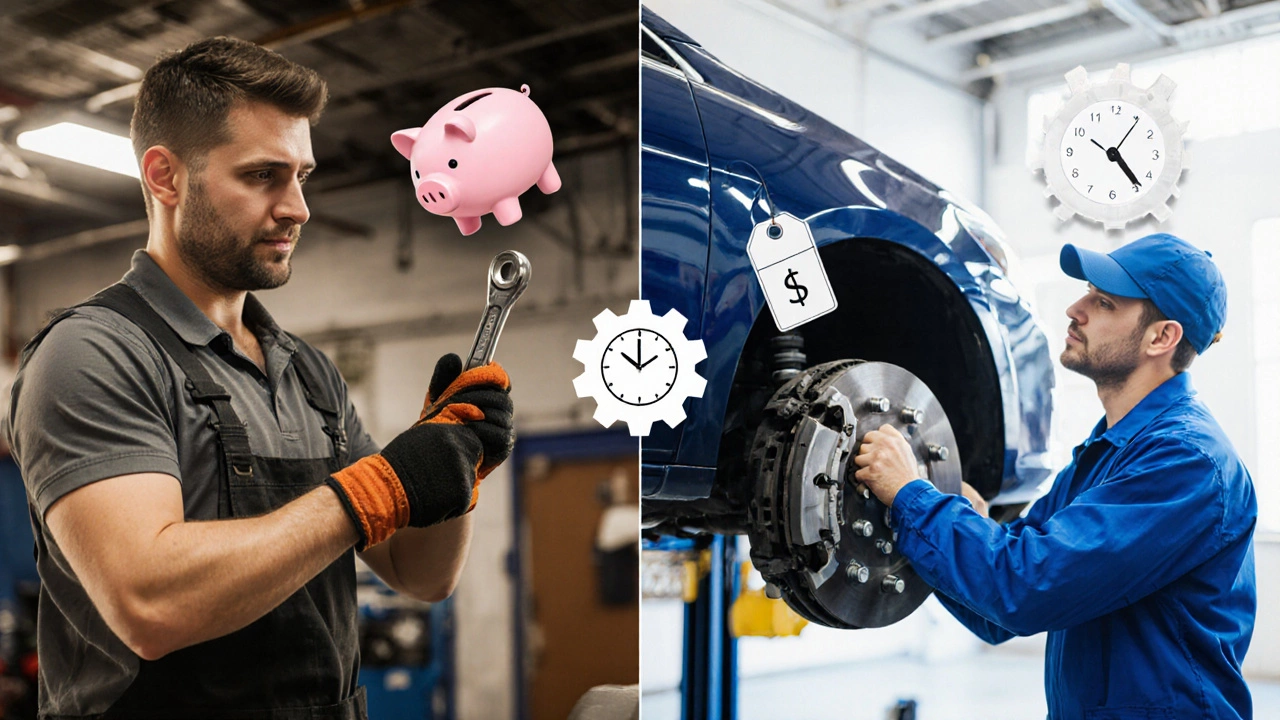 Split scene comparing DIY brake work with a homeowner versus a professional mechanic.