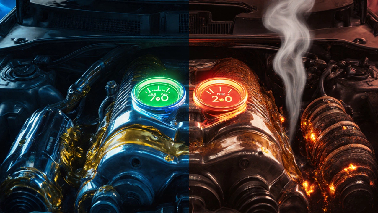 Split view of an engine with smooth oil flow versus clogged passages, low oil pressure gauge, and smoke.