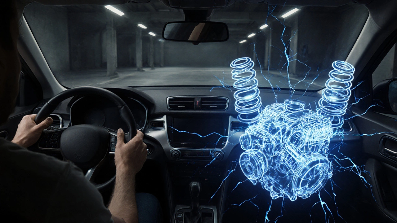 Stylized scene of a car&#039;s suspension failure causing engine vibration.