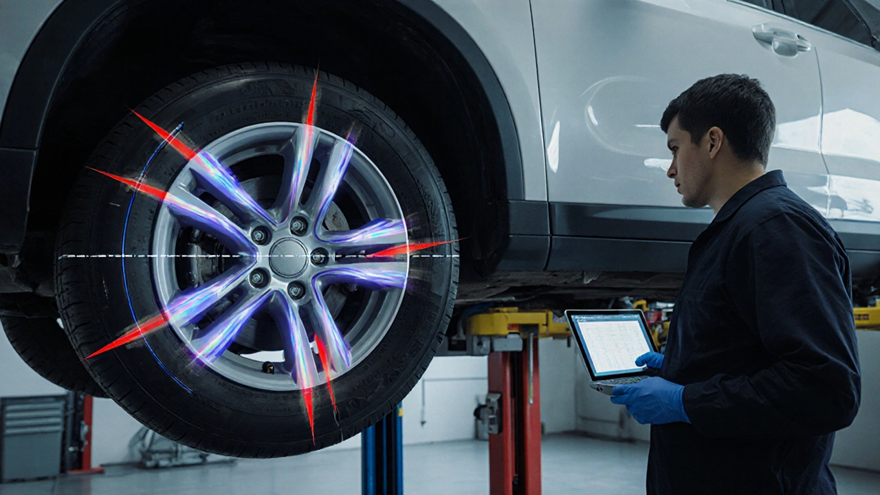 Technician aligning a car in a garage using precision equipment after repair.
