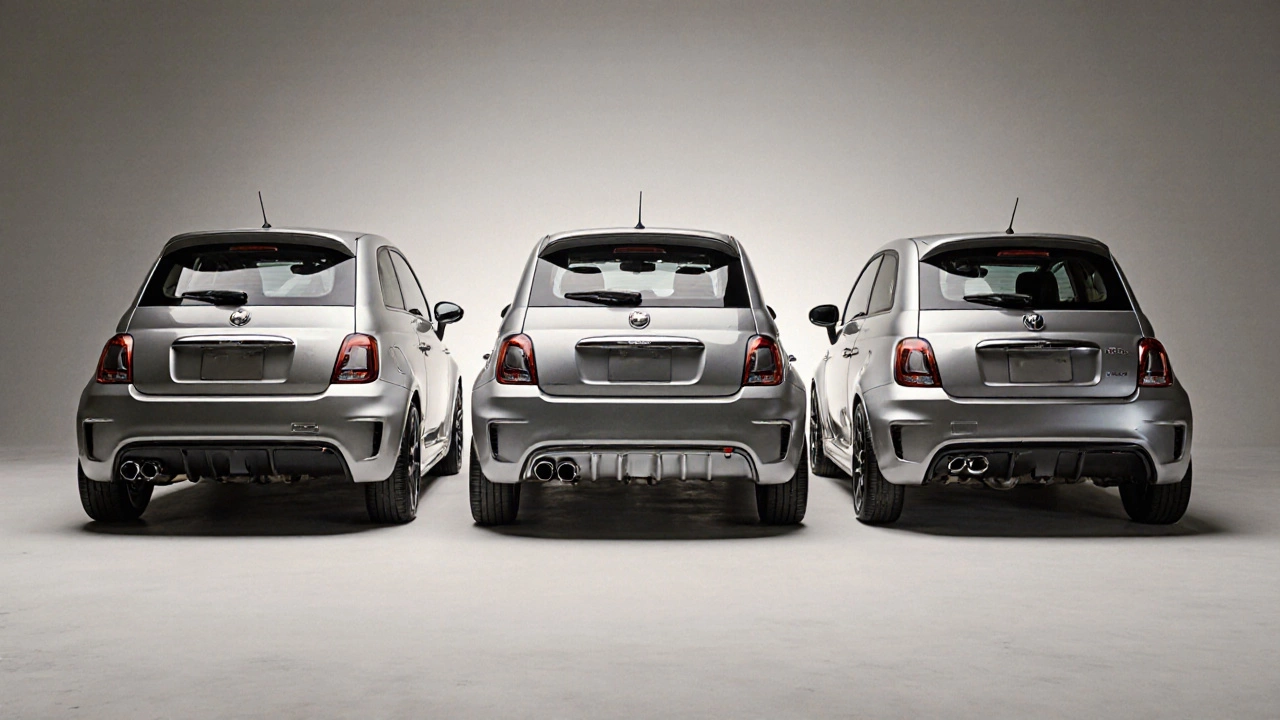 Three cars side‑by‑side illustrating cat‑back, axle‑back, and turbo‑back exhausts.