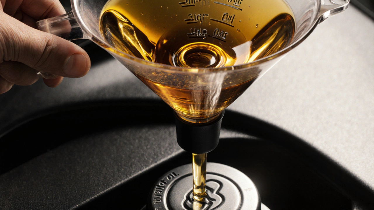 Top‑down view of a hand pouring oil through a funnel into a car's oil filler cap.