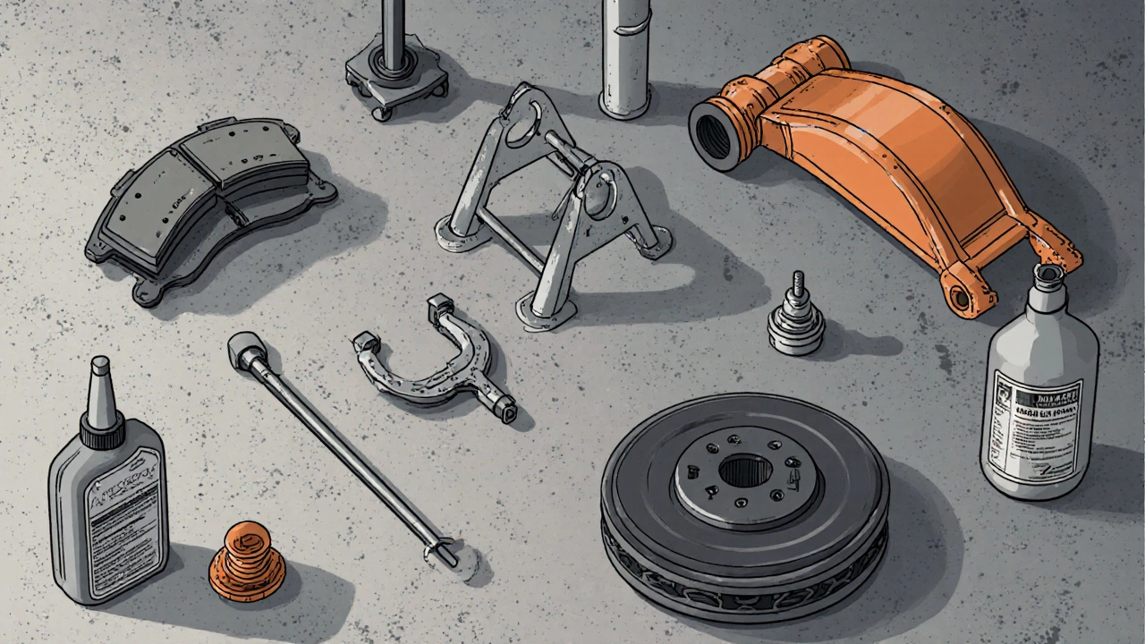 Top‑down view of brake‑pad tools and parts arranged on a garage floor.
