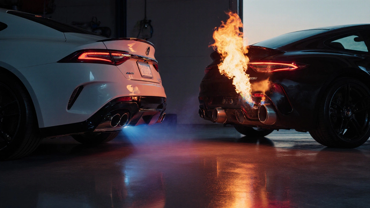 Two cars side by side, one with a stock exhaust and one with a performance exhaust emitting bright flames.
