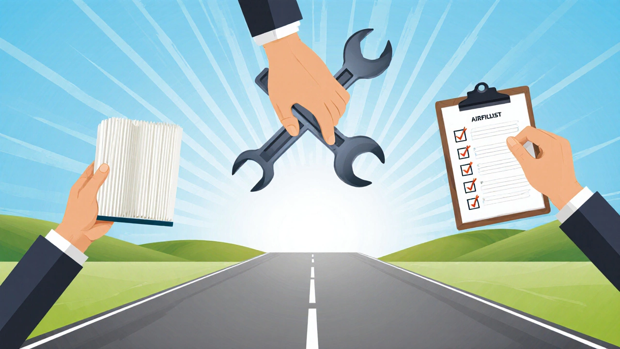 Vector art of hands holding a new filter, wrench, and checklist over a sunny road landscape.