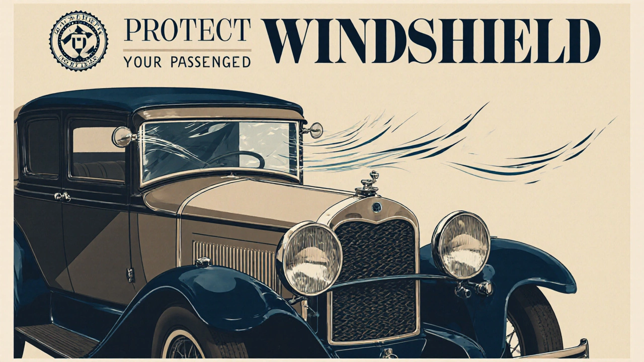 Vintage 1920s car ad showing a windshield as a protective glass shield.