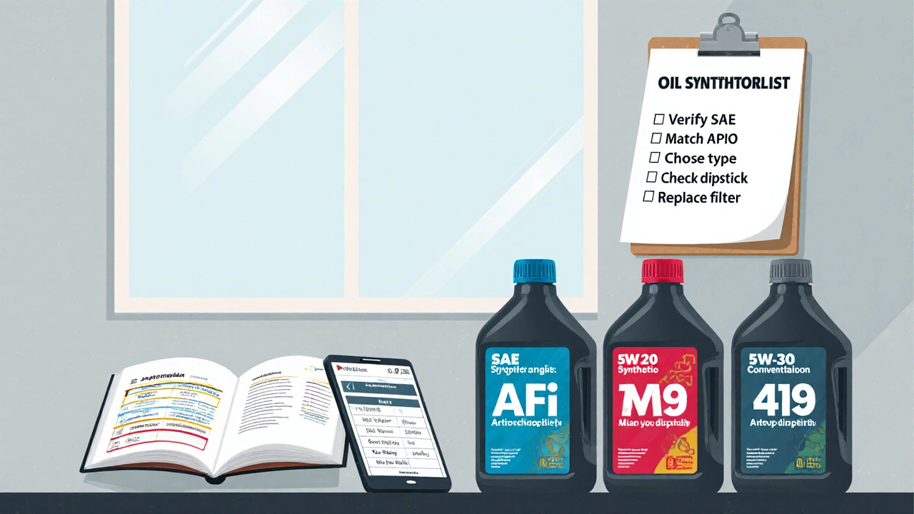 Workshop checklist with car manual, labeled oil bottles, and smartphone app showing oil selection.