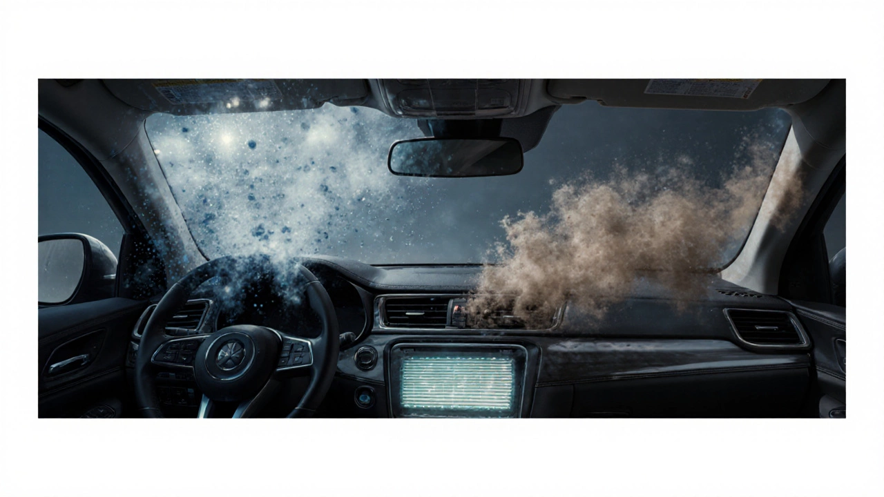 Airflow visualization inside car cabin showing clean vs. contaminated air paths.