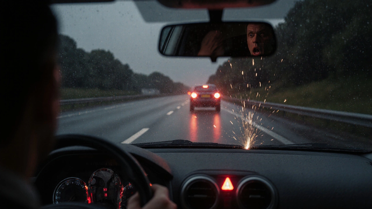 Brake system failing with sparks and warning light on a wet UK road at night.