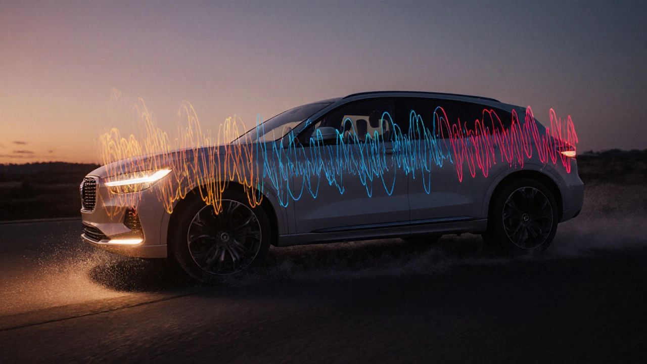 Car going over a speed bump with visualized sound waves representing clunking, knocking, and squeaking noises.