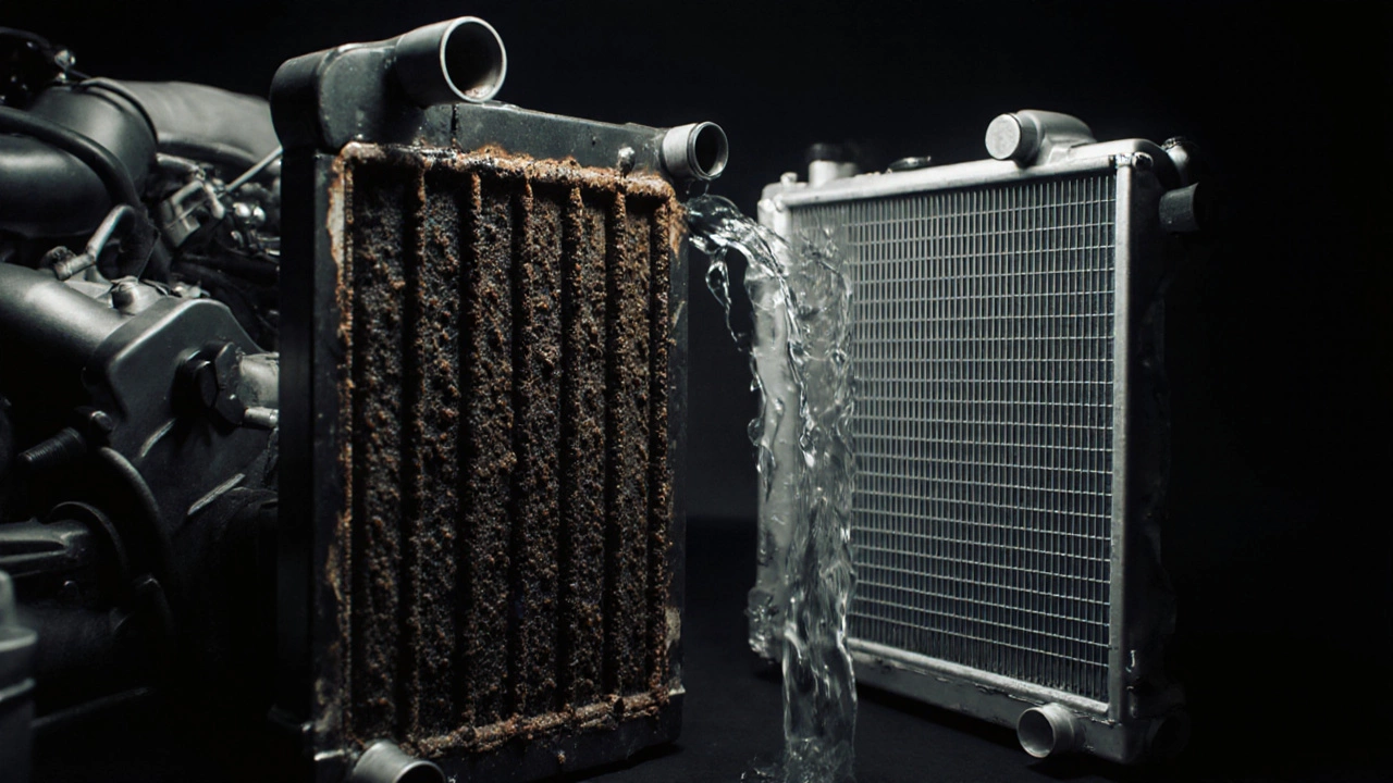 Cross-section showing clogged radiator tubes versus a clean new one.