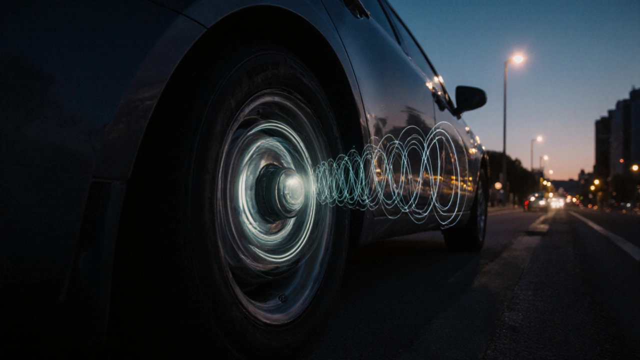 Driver checking brake pads at night using a phone flashlight beside their car.