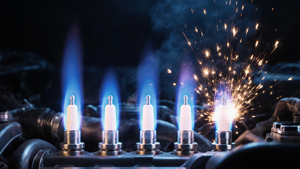 Engine cylinder interior showing strong electric sparks igniting fuel cleanly.