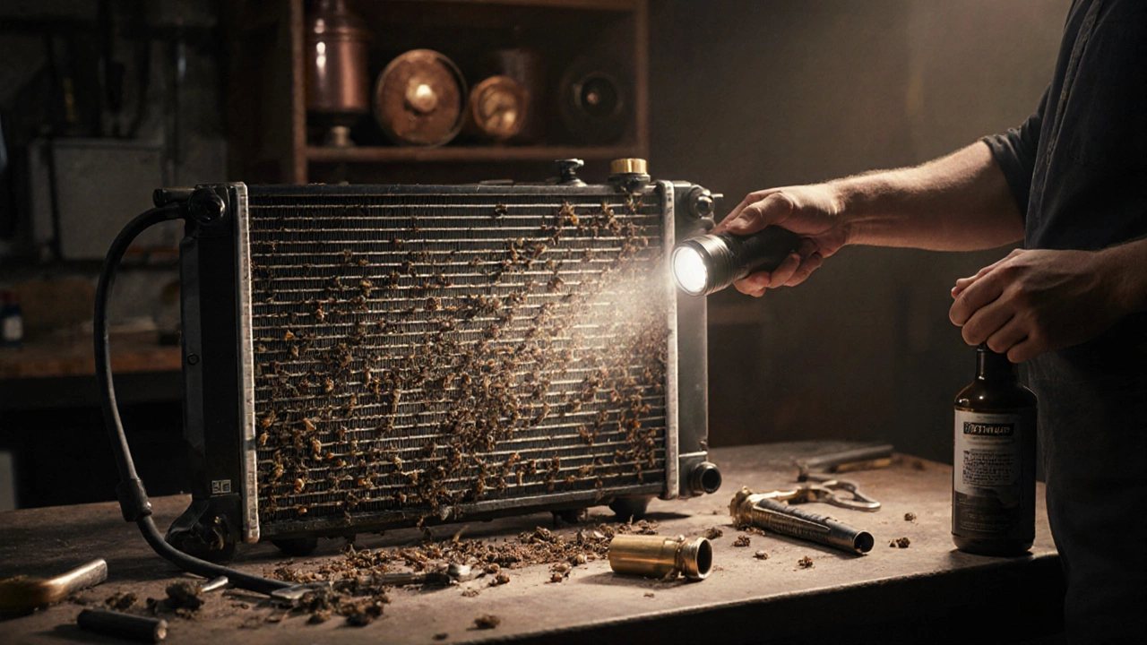Mechanic examining a clogged radiator with coolant flush system connected in a workshop.