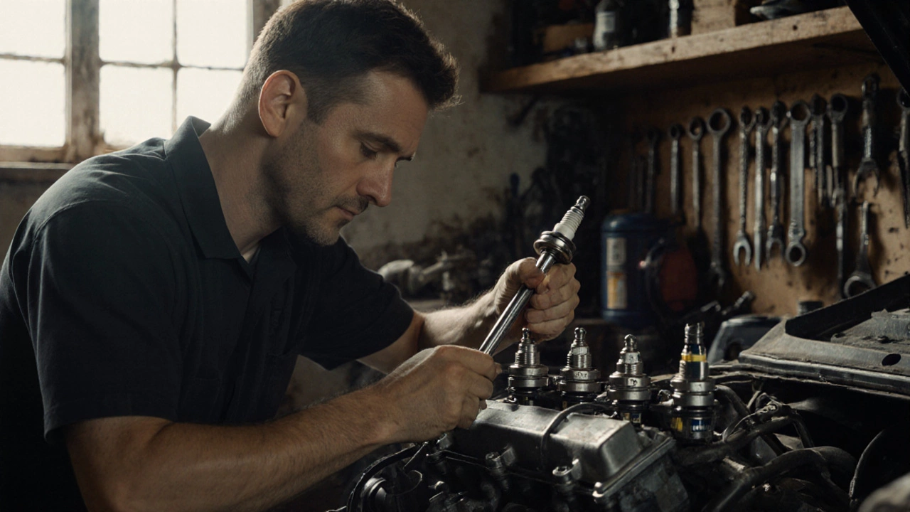 Mechanic installing a new spark plug in a car engine with tools nearby.