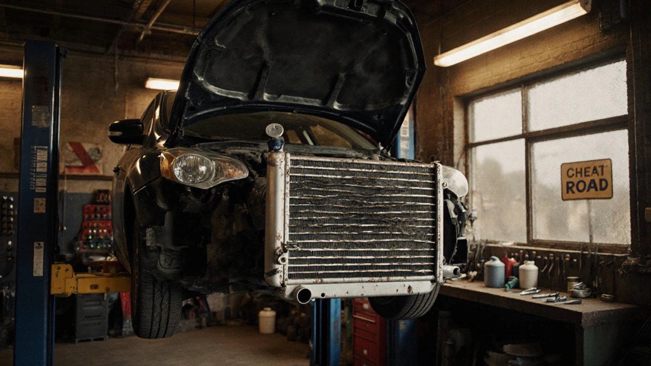 Removed car radiator with corroded tubes on a workshop bench.