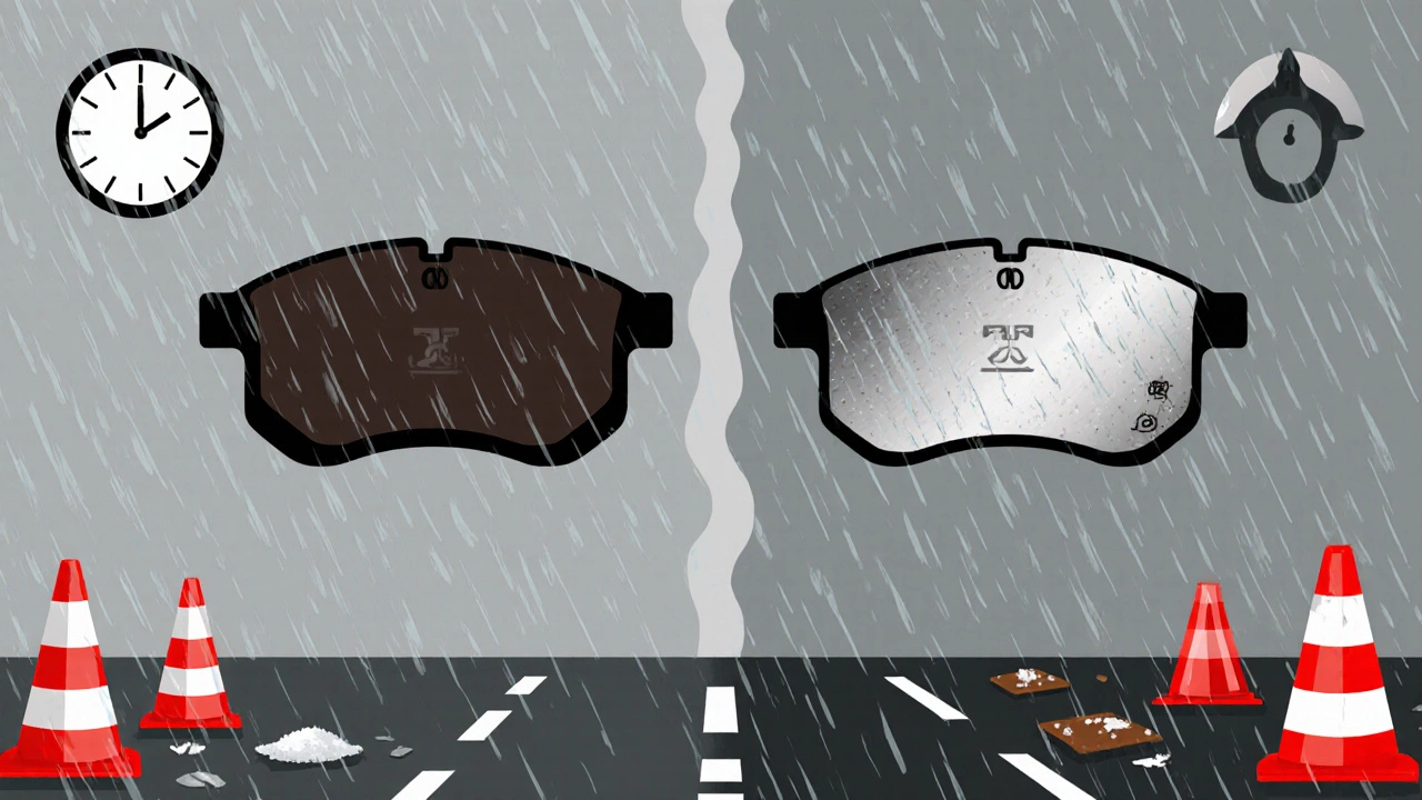 Side-by-side comparison of new and worn brake pads with rain, salt, and clock symbols.