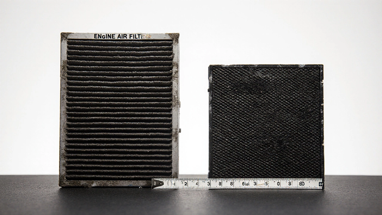 Side-by-side engine and cabin air filters with tape measure showing exact dimensions.