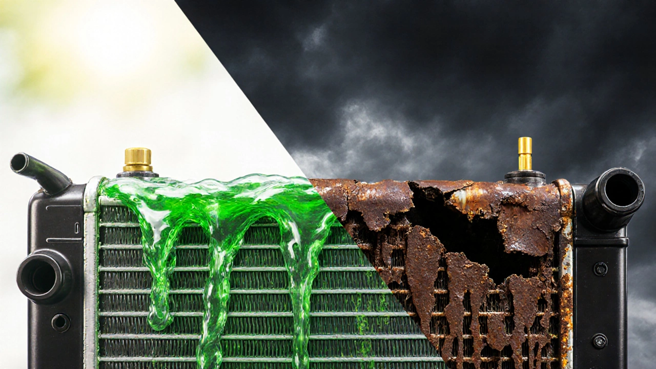 Split image: clean radiator vs. corroded one, symbolizing maintenance versus neglect.